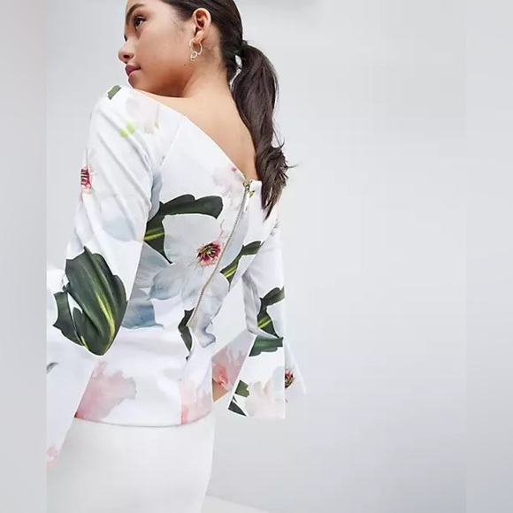 Ted Baker Womens Size 0 White Veleita Chatsworth Bloom Bell Sleeve Top - Picture 4 of 10
